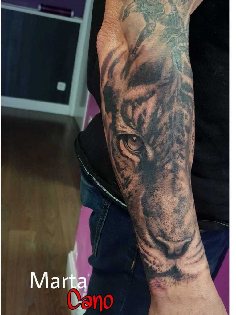 Tatuaje de un tigre estilo realismo en el antebrazo