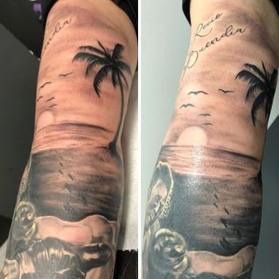 Tatuaje paisaje estilo realismo en el antebrazo