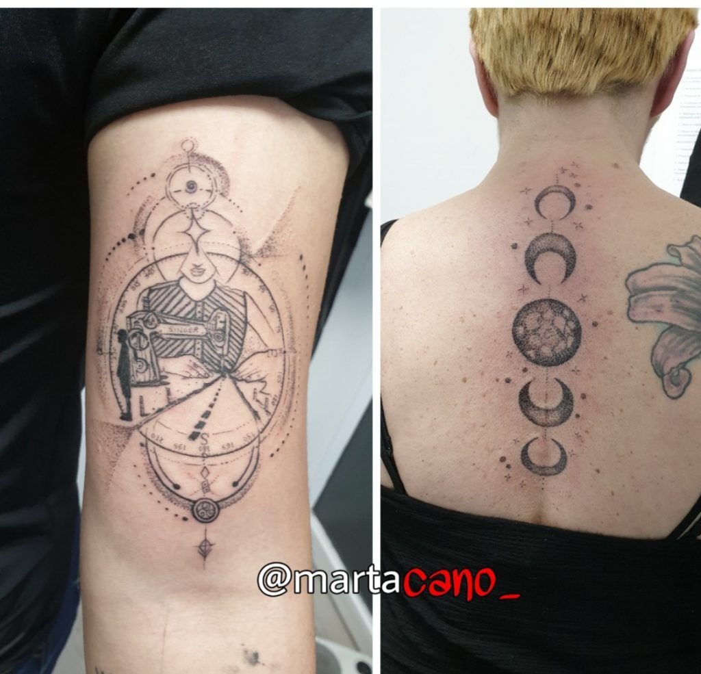 tatuaje minimalista en la espalda y en el brazo
