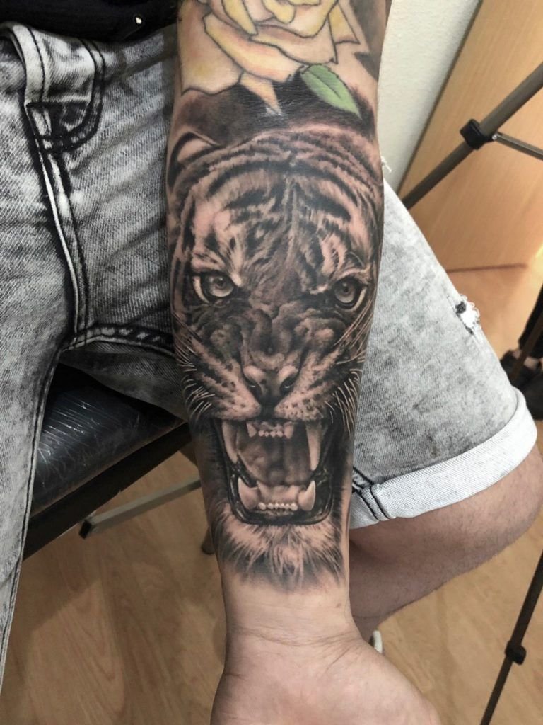 Tigre tattoo en el antebrazo estilo realismo