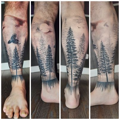 tatuaje de bosque en la pierna