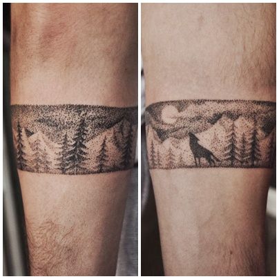 Tatuaje puntillismo de un paisaje y de un lobo aullando