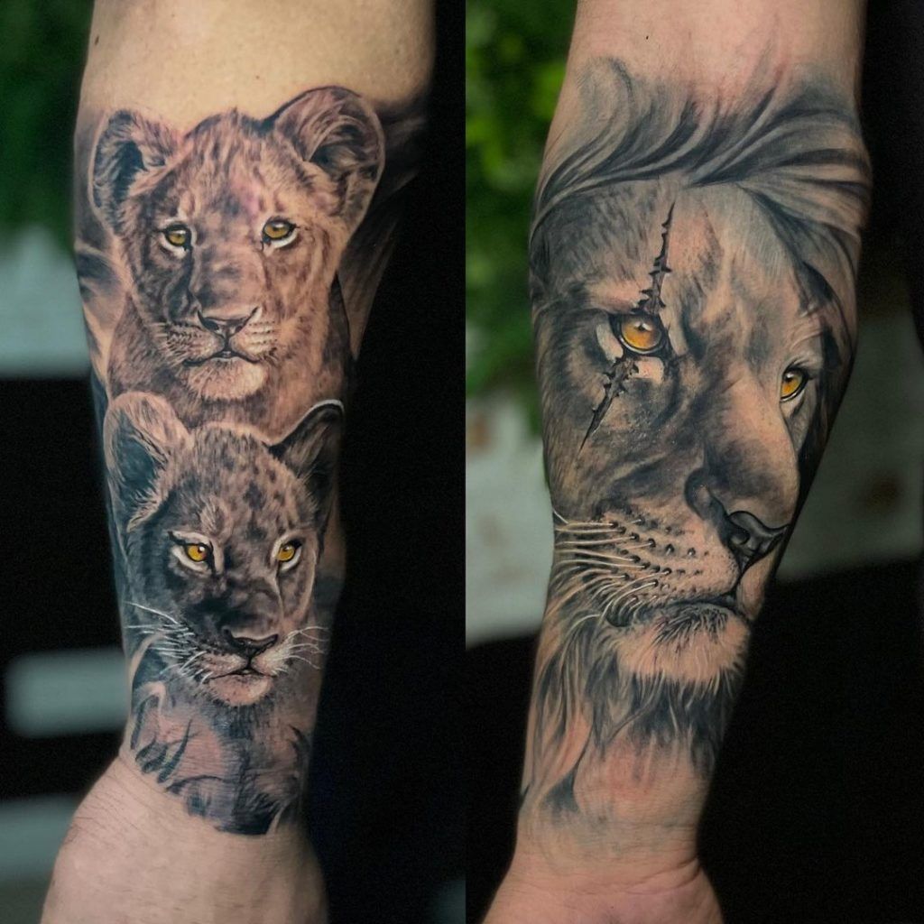 Tatuaje de leones estilo realismo en el antebrazo.