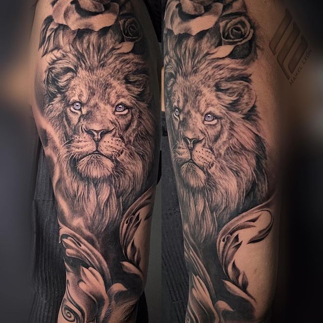 Tatuaje león en el brazo estilo realismo