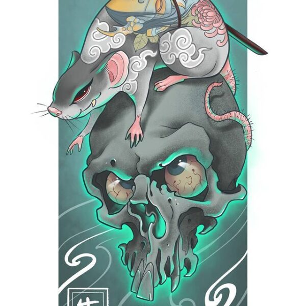 Ilustración rata encima de una calavera Ilustración de una rata tatuada encima de una calavera