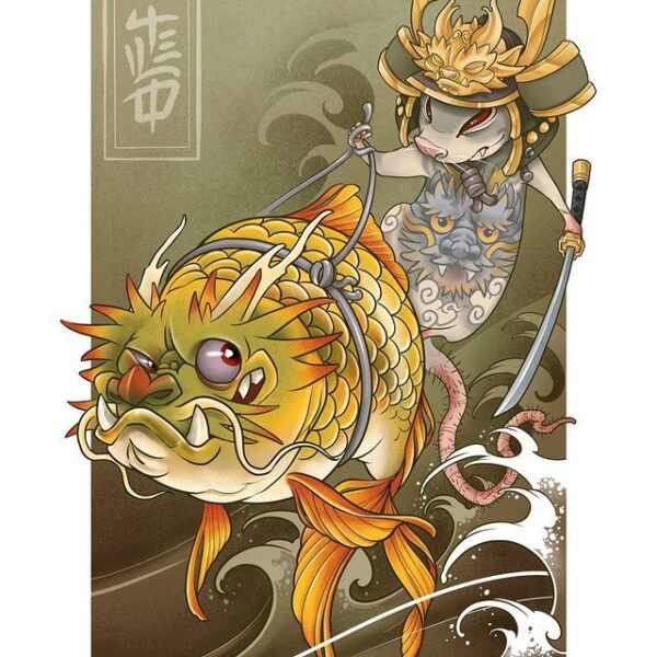 Ilustración rata montando un pez Ilustración estilo asiática de una rata endemoniada montada un pez