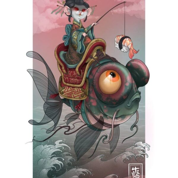Ilustración rata cabalgando un pez Ilustración estilo asiática de una rata sosteniendo un palo atado a un sushi cabalgando un pez