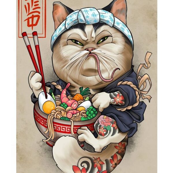 Ilustración gato comiendo ramen Ilustración de un garo japonés tatuado comiendo ramen