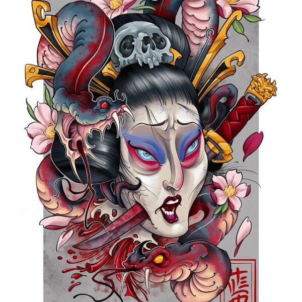 Ilustración geisha Ilustración de una geisha atravesándole una daga, rodeada de flores y serpientes