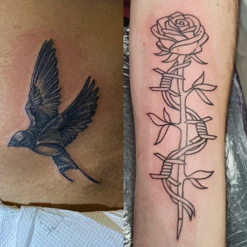 tatuajes de un colibrí estilo realista y una rosa con alambre de púas
