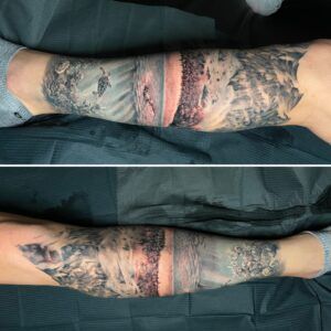 tatuaje paisaje en la pierna