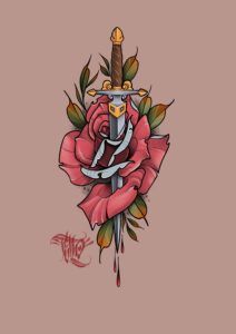 Ilustración de una daga atravesando una rosa y tres gotas de sangre