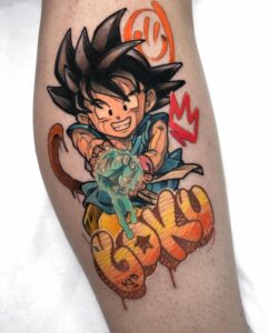 tatuaje comic de Goku a color en la pantorrilla