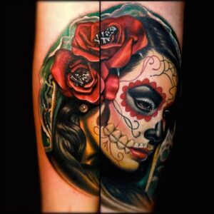 Tatuaje de una catrina mexicana en los 2 antebrazos