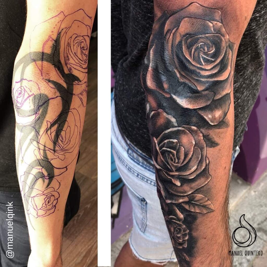 Black rose flower cover up tattoo on the right arm