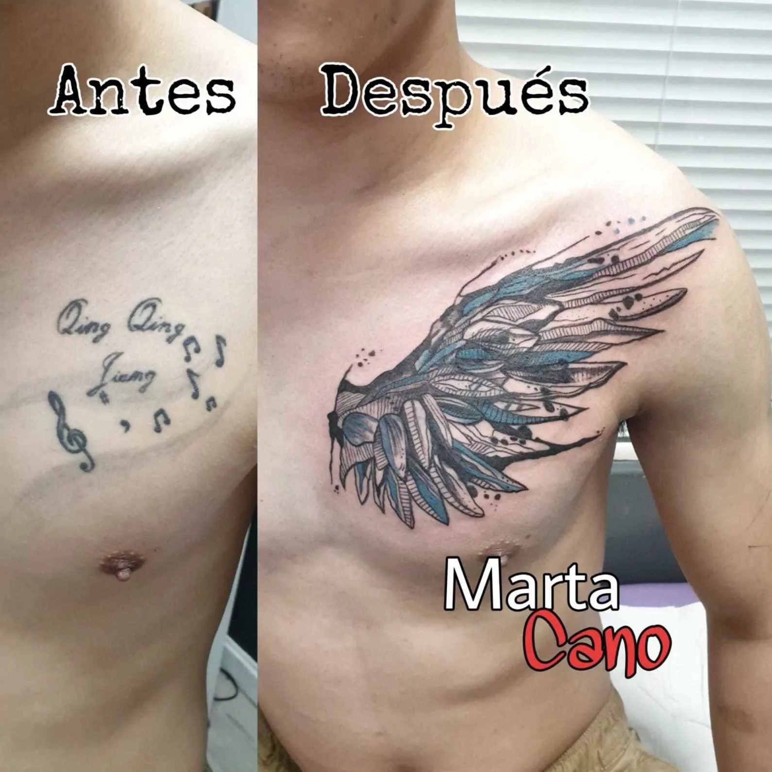 Tatuaje cover up minimalista a color en el pecho