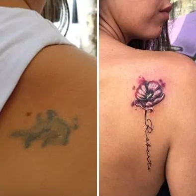 Tapado de tatuaje a color en la espalda