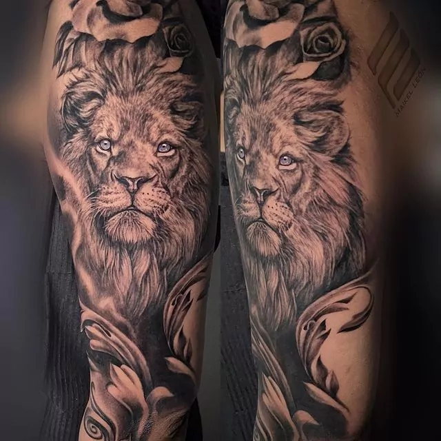 Tatuaje león en el brazo estilo realismo