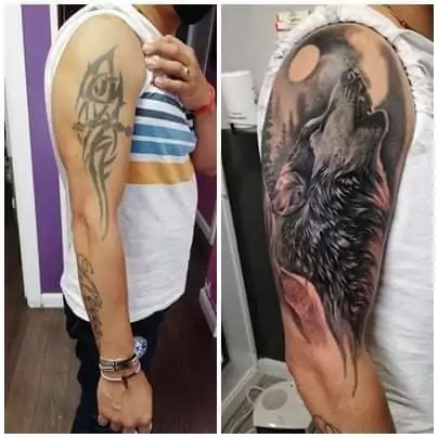tatuaje cover up lobo aullando