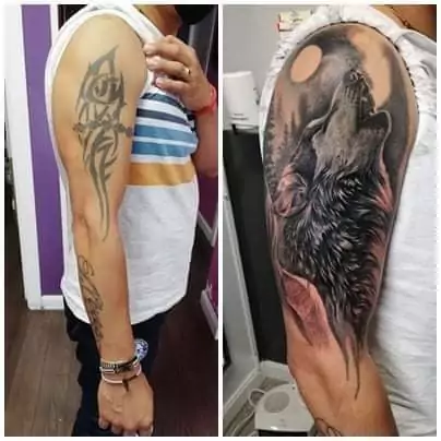 Tatuaje cover up de lobo aullado en el brazo derecho